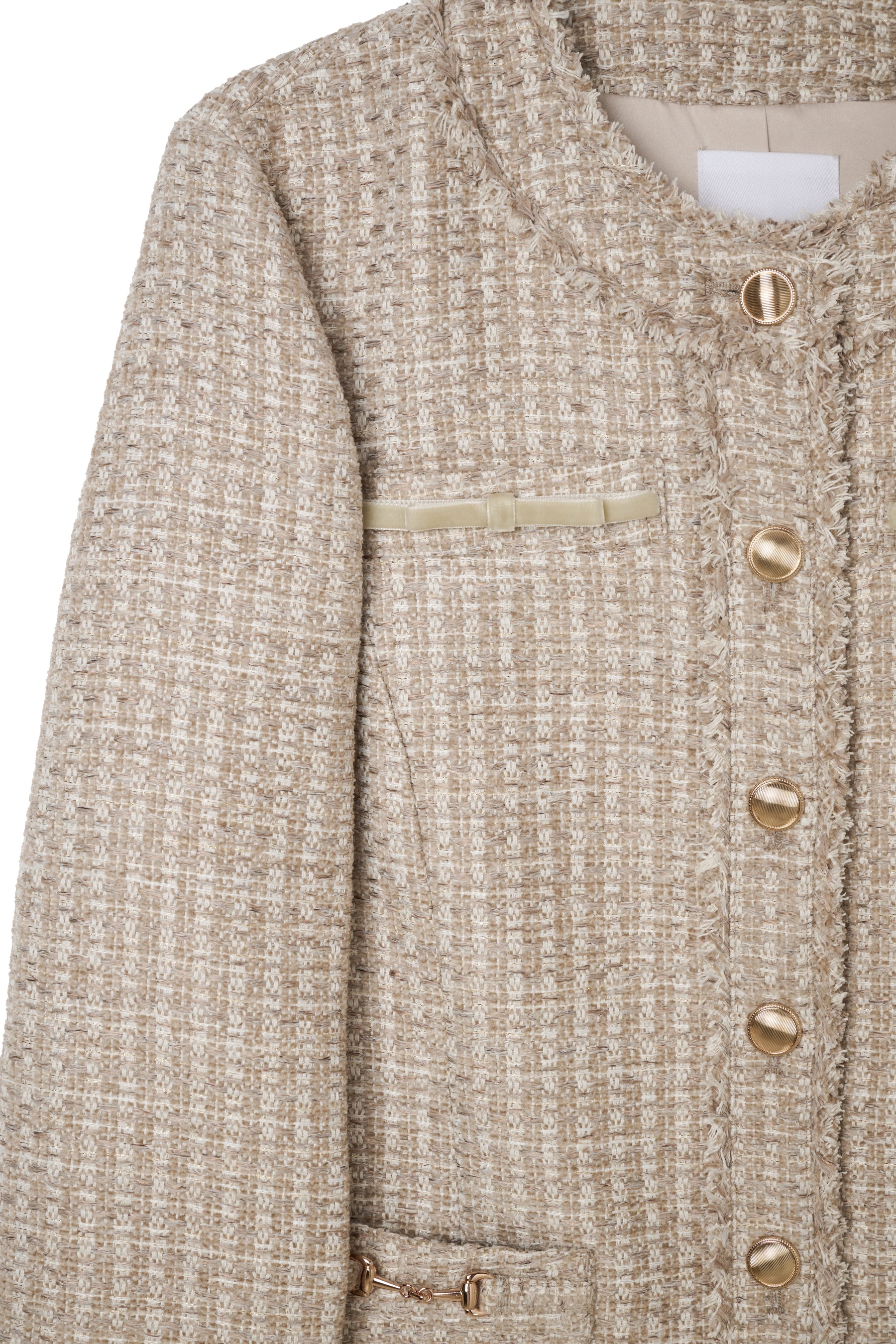 Ribbon-Pocket Long Tweed Jacket