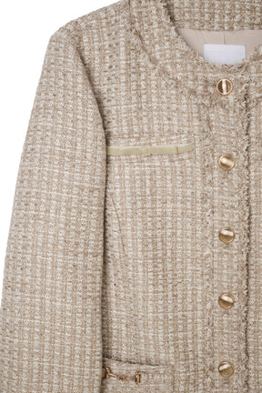 Ribbon-Pocket Long Tweed Jacket