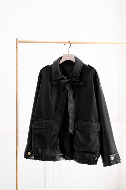 Ribbon-Tie Faux Leather Jacket