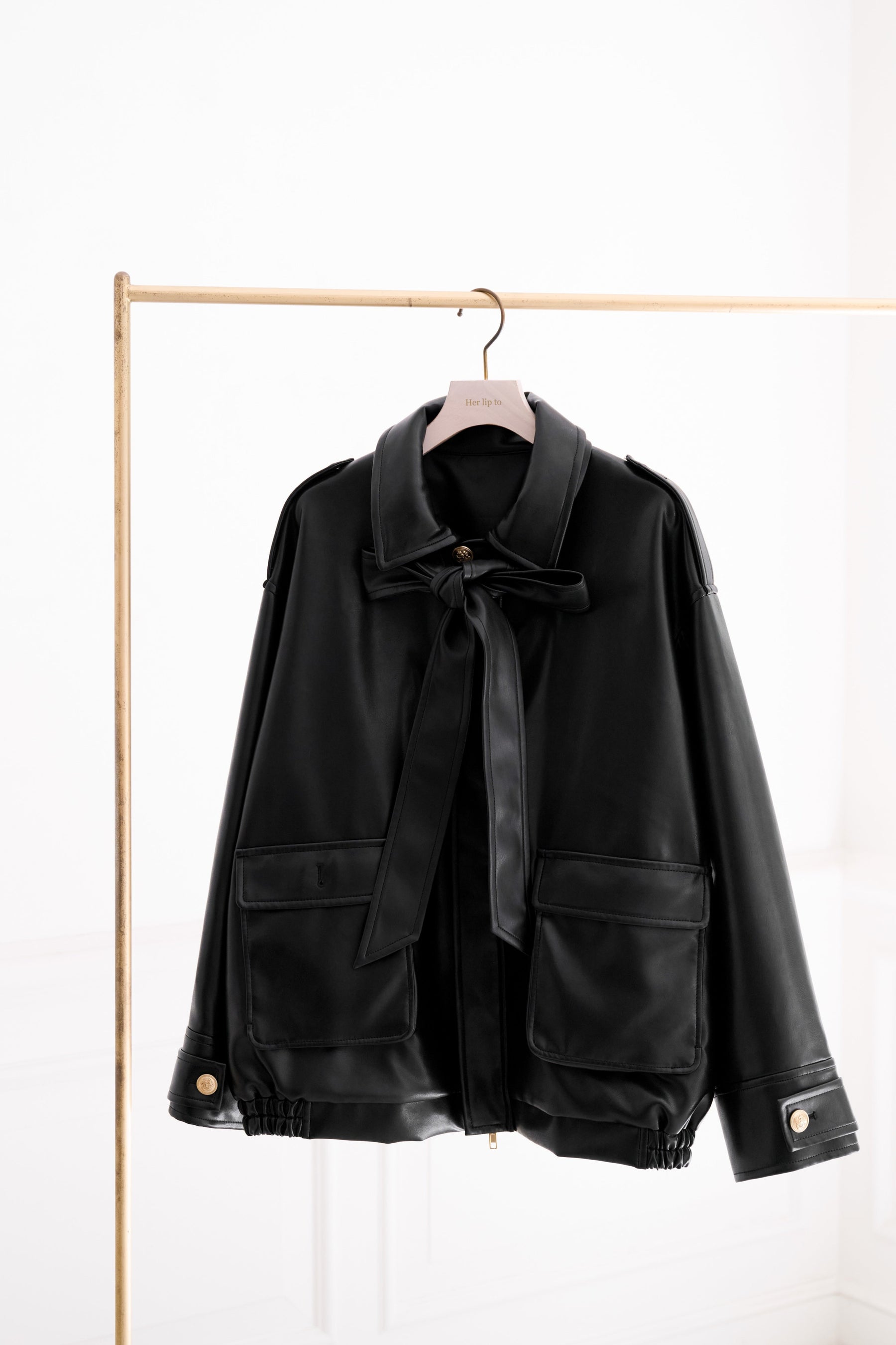 Ribbon-Tie Faux Leather Jacket