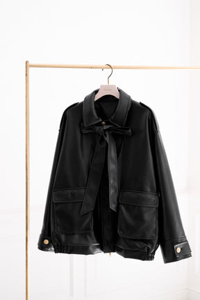 Ribbon-Tie Faux Leather Jacket
