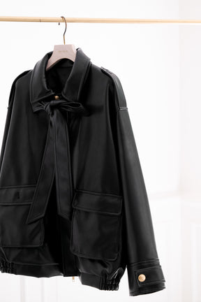Ribbon-Tie Faux Leather Jacket