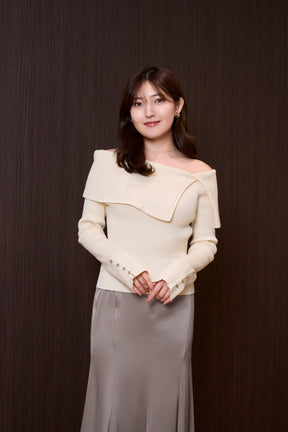 Asymmetric Oversized-Collar Knit Top