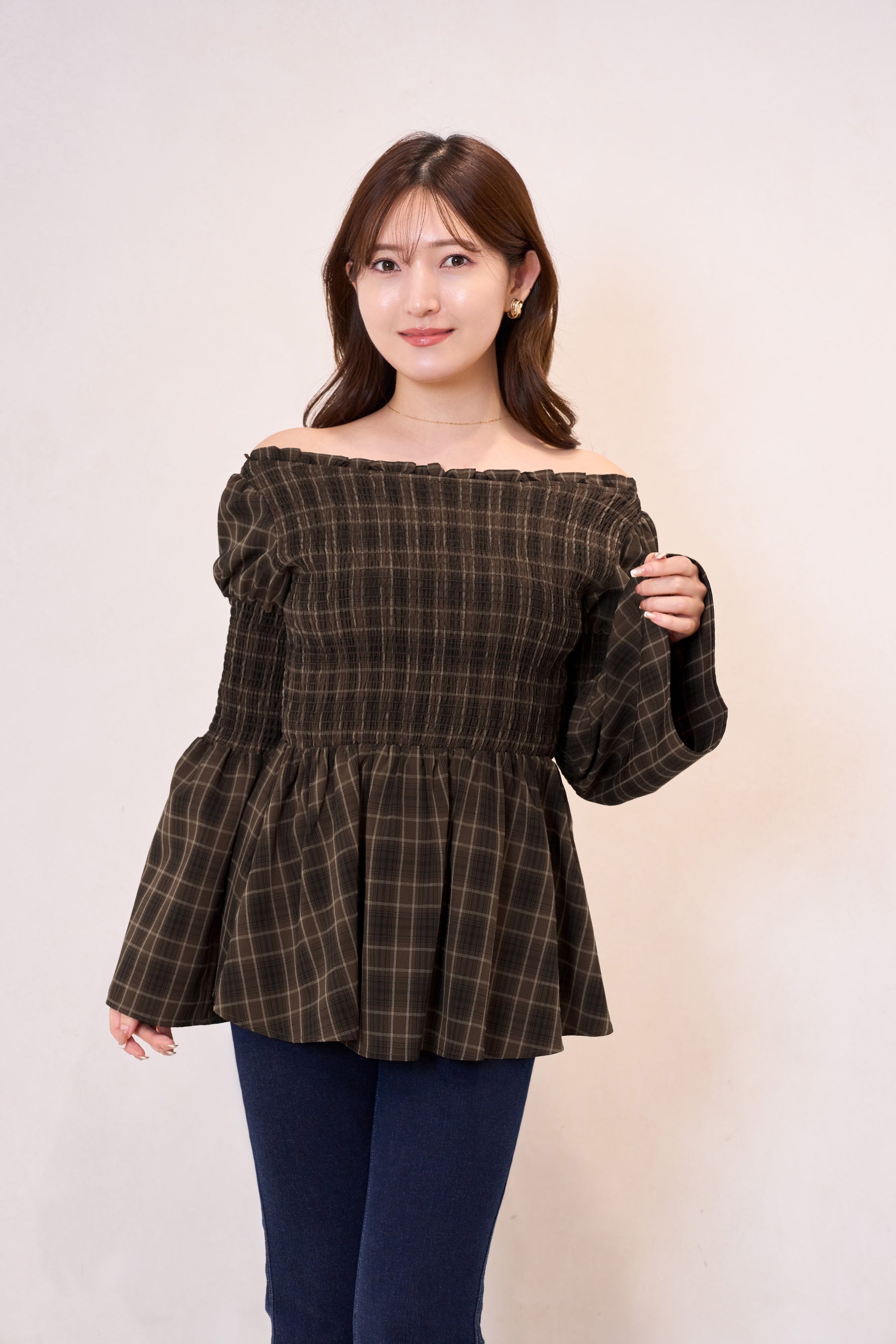 ［Essentia］【新色】Checked Flared Peplum Top