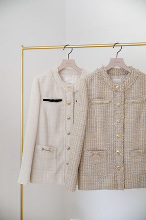 Ribbon-Pocket Long Tweed Jacket