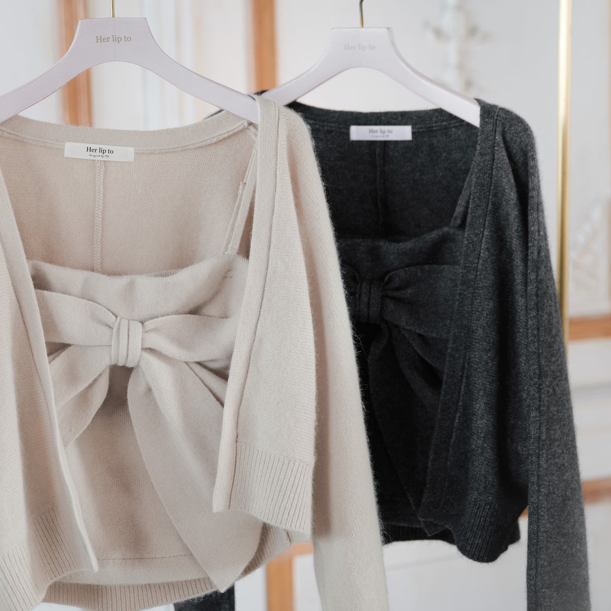 トップス herlipto Lydie Ribbon-Tie Knit Ensemble gray】Lydie Ribbon-Tie Knit Ensemble