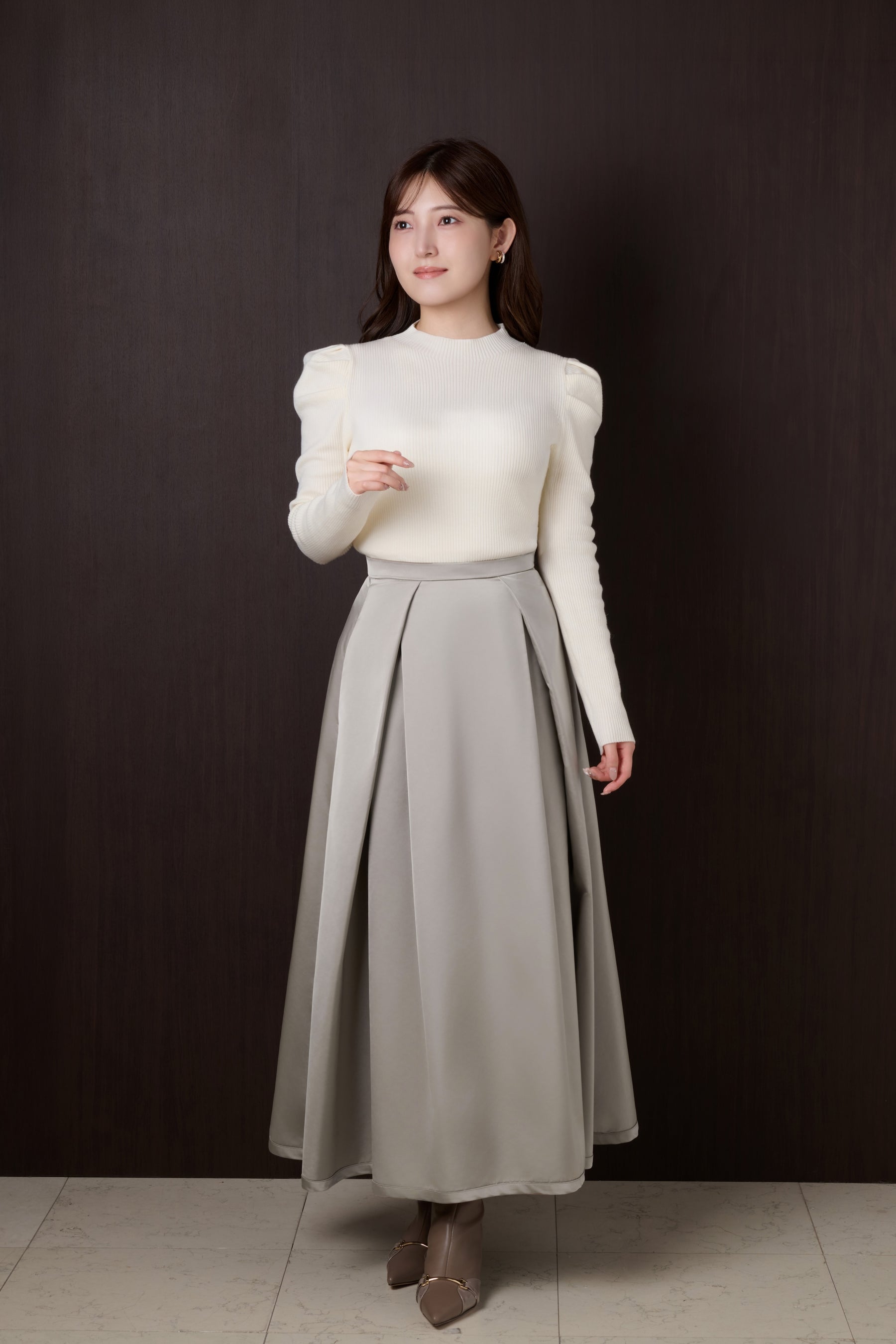 Satin Tucked Flared Skirt