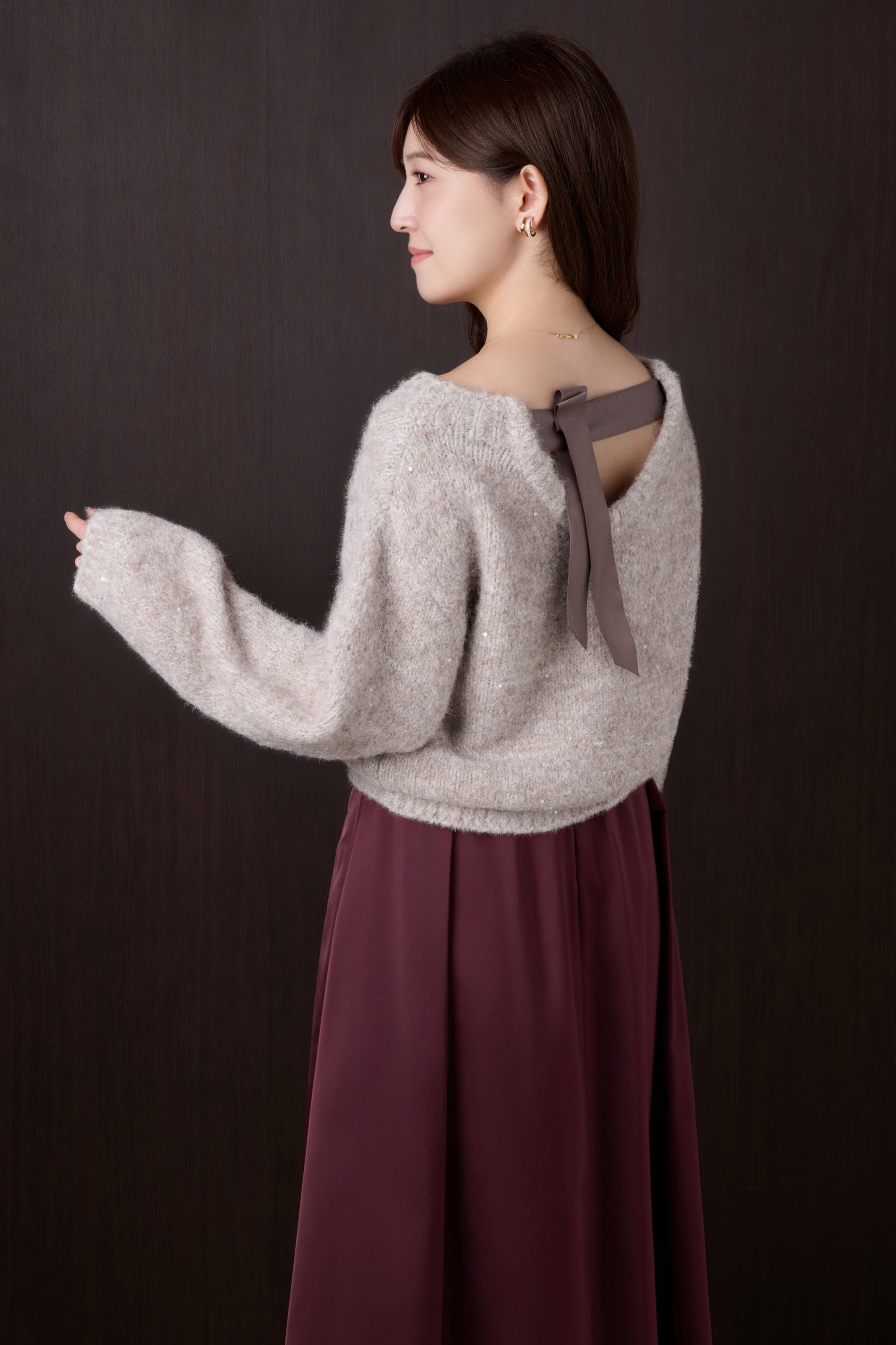 Back-Ribbon Twinkle Knit Top