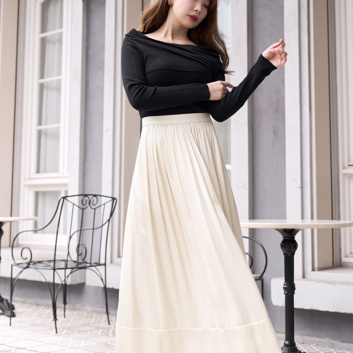 Satin Gathered Flared Long Skirt