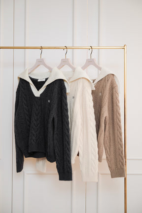 Sailor-Collar Cable Knit Pullover