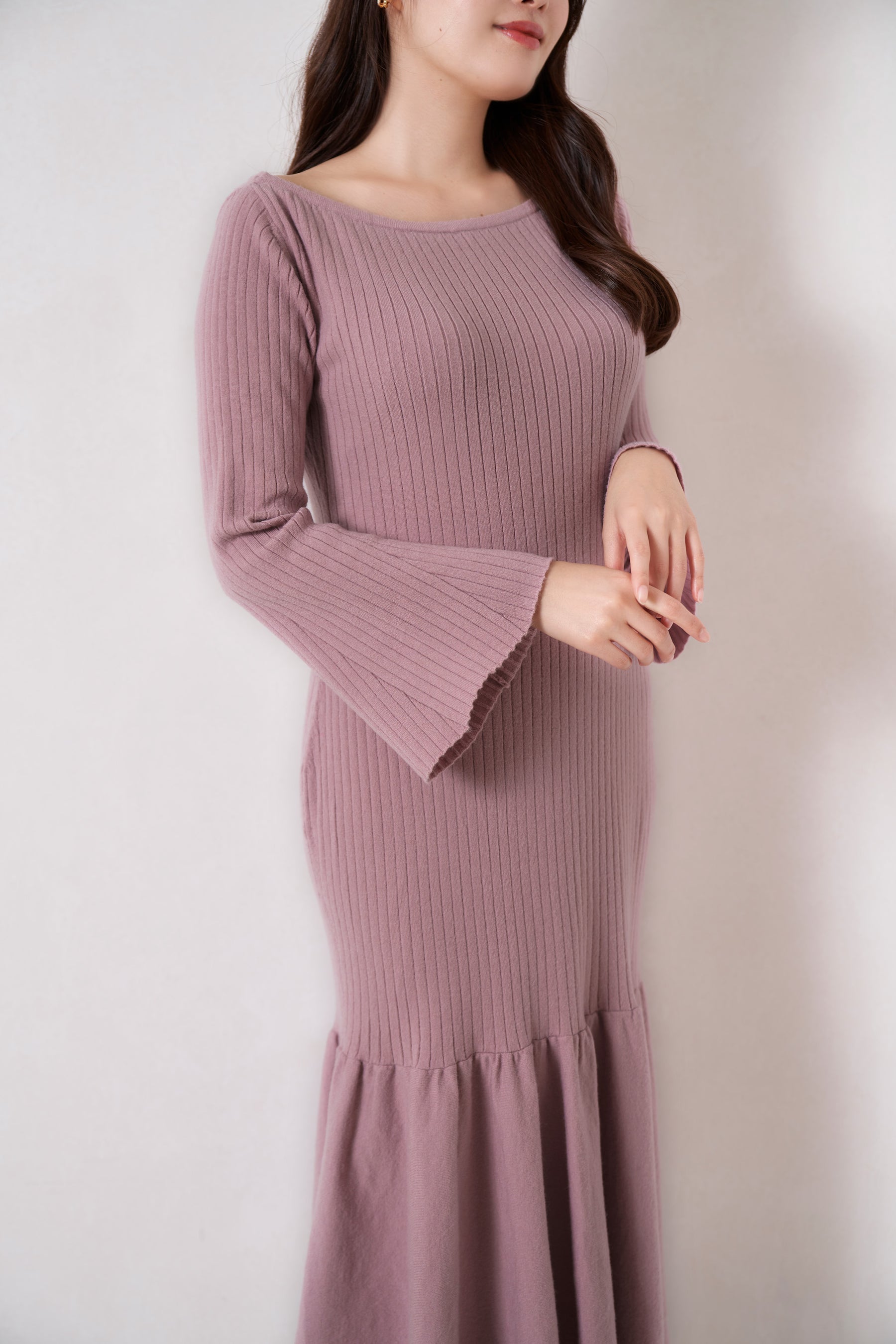 色mauvepinkFlare Sleeve Ruffle Knit Dress