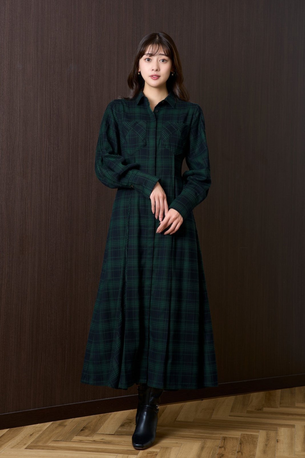 Checkered Pleats Long Shirt Dress