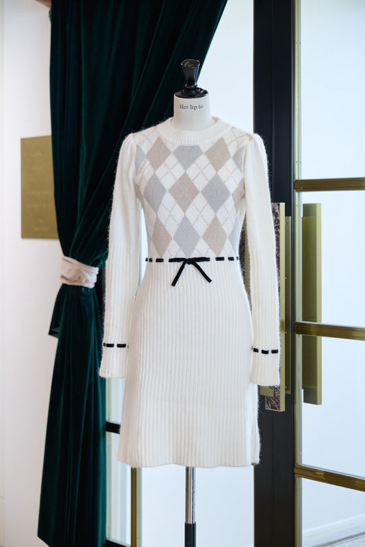 【1月上旬發送】【新色】Moor Argyle Ribbon Knit Dress