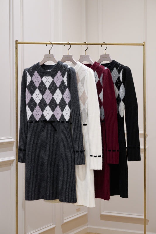 [Ship in early January][New Color]Moor Argyle Ribbon Knit Dress