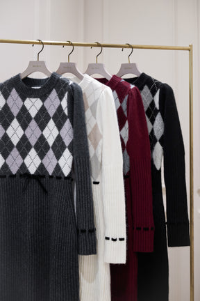【1月上旬發送】【新色】Moor Argyle Ribbon Knit Dress