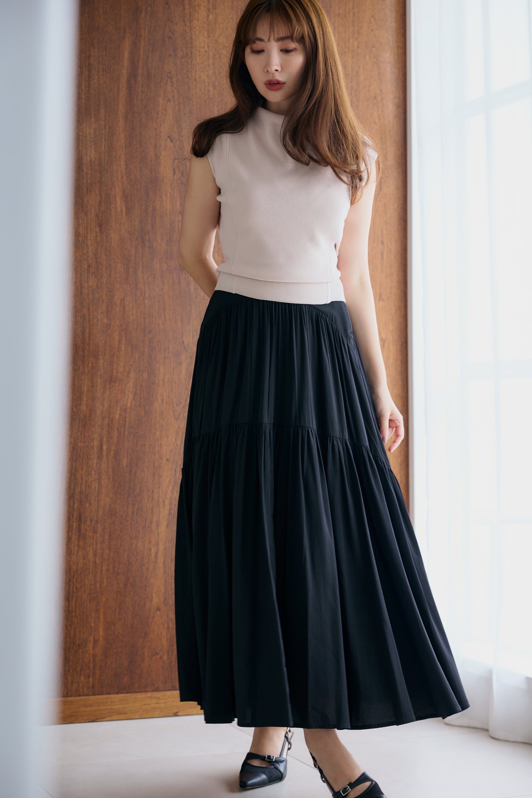 [New color] High-Waist Tiered Long Skirt