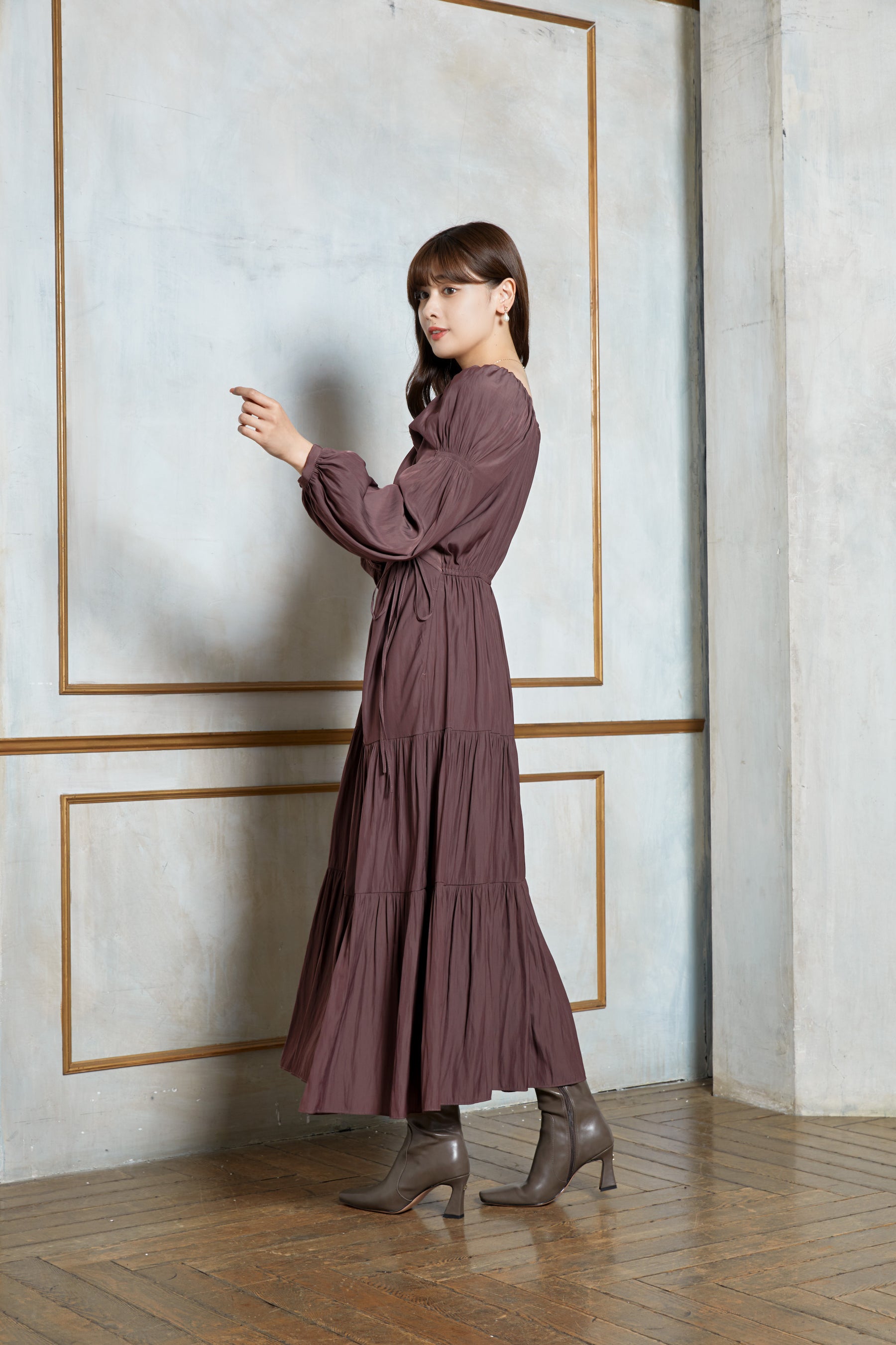 Side Bow Satin Long Dressロングワンピース