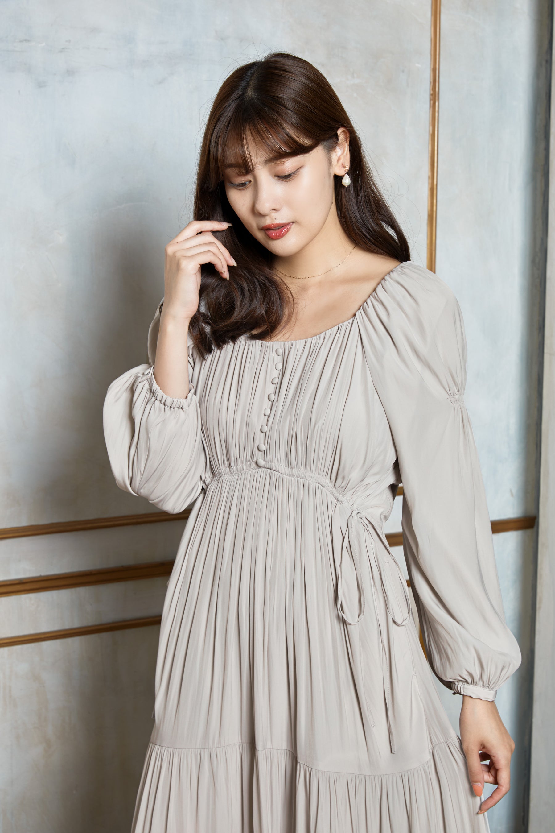 【Her lip to】Side Bow Satin Long DressHer