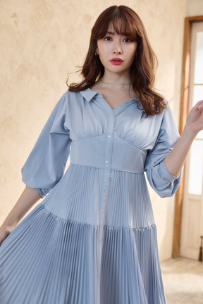 【sky / white petale】Pleated Open Shirt Dress