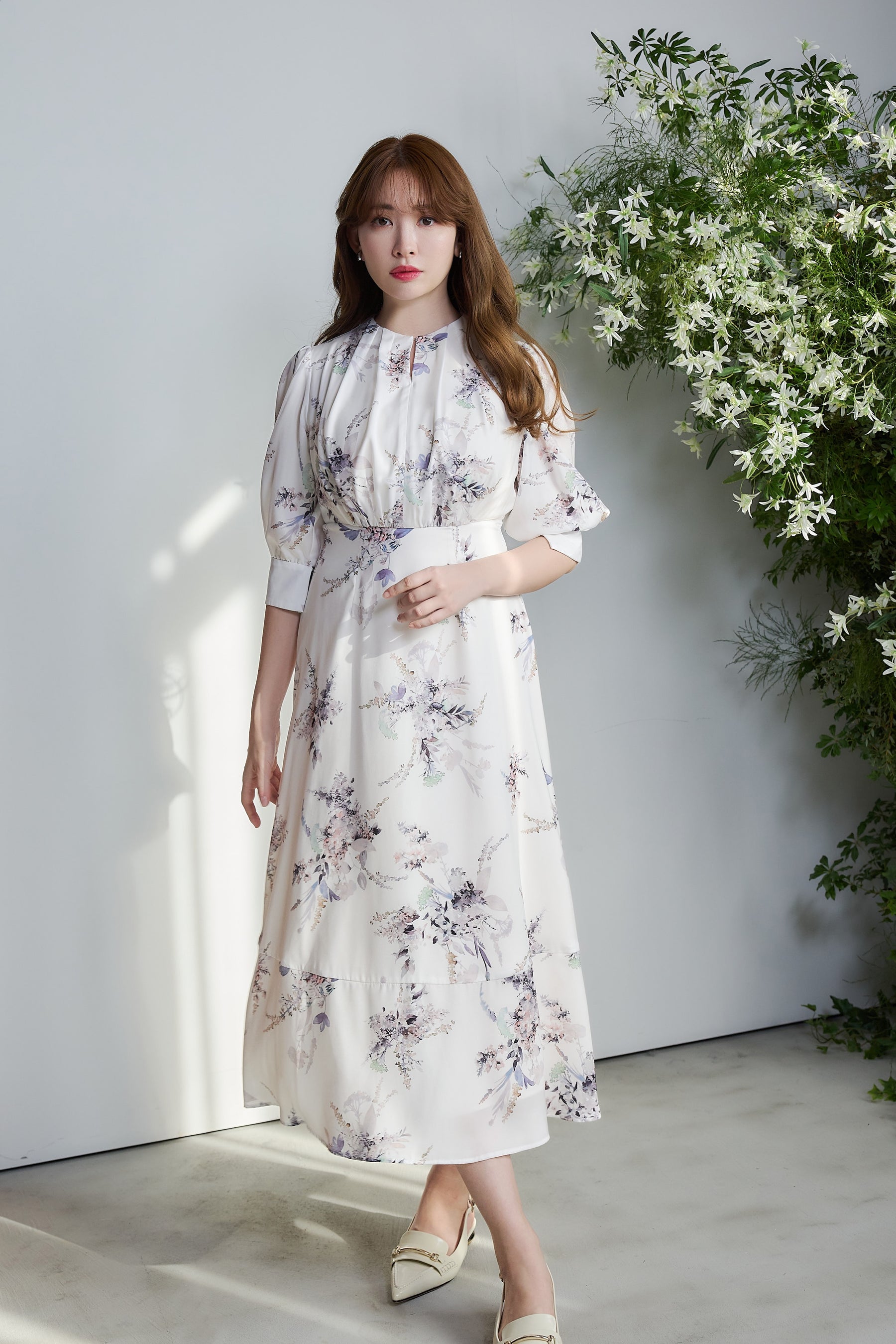 [Shipped in late April][pearl white]French Bouquet Puff Sleeve Dress