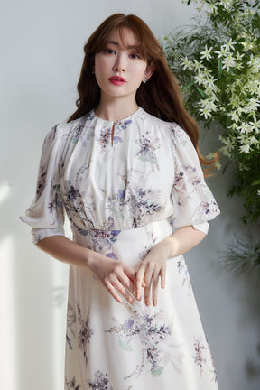 [Shipped in late April][pearl white]French Bouquet Puff Sleeve Dress