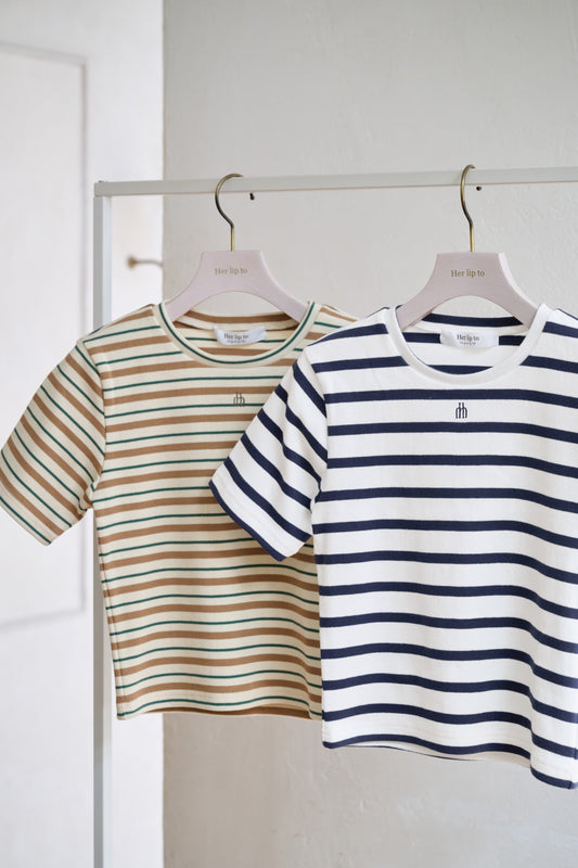 【新色】【white×navy  / multi border】Trois Logo Ribbed Tee