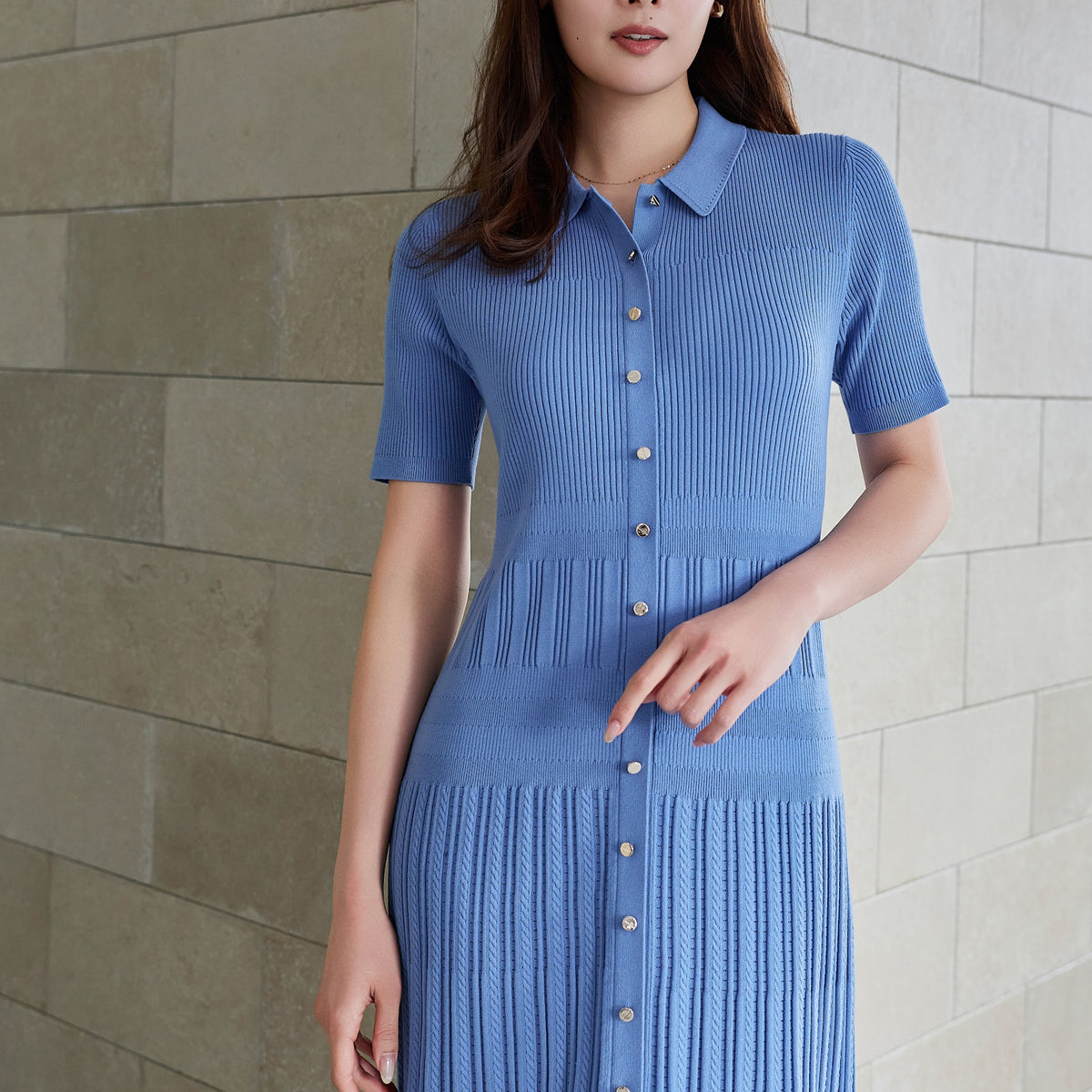 Essentia］Eyelet Polo Knit Dress