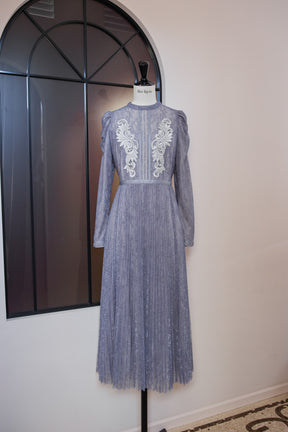 Lace-Trimmed Pleated Long Dress