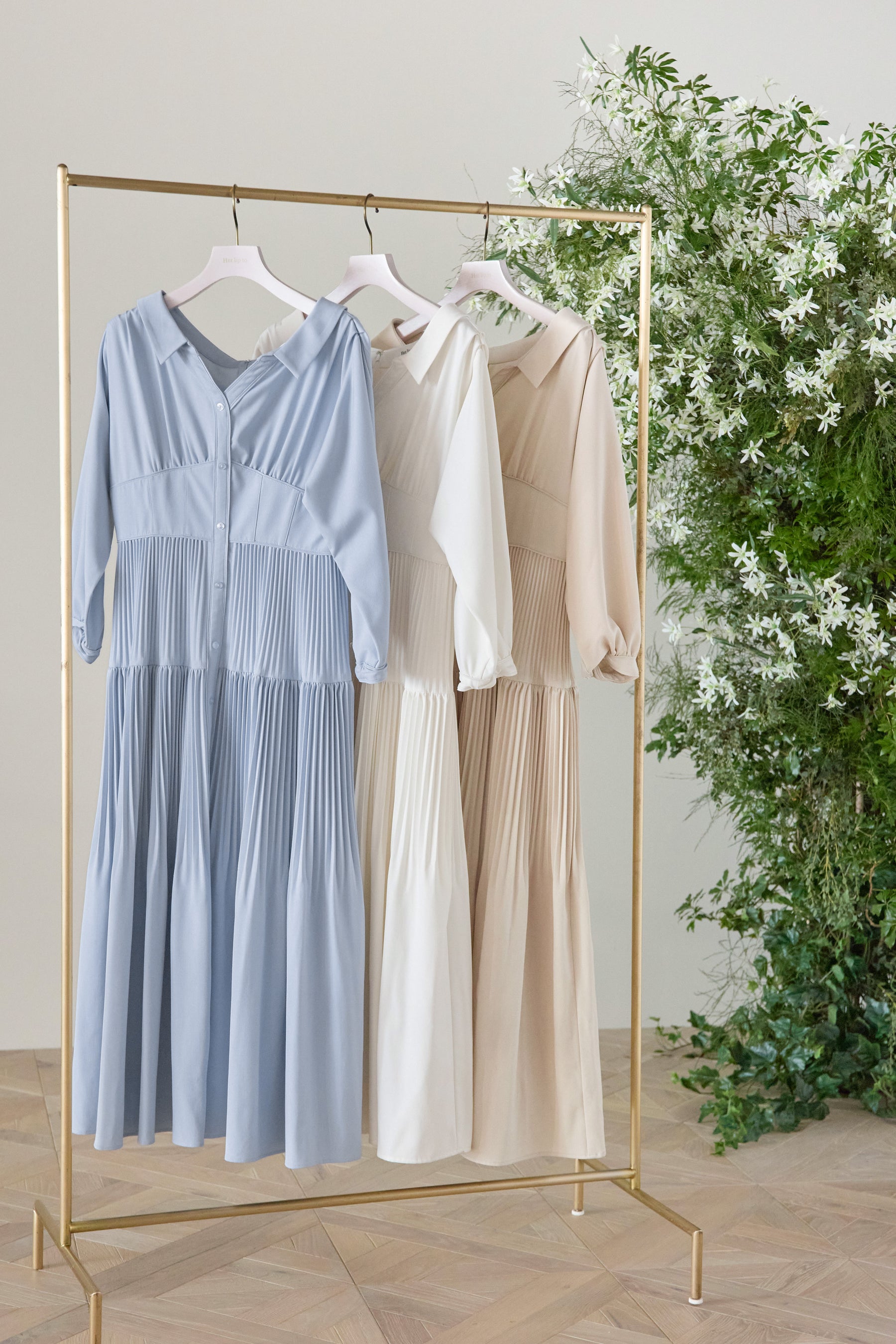 【sky / white petale】Pleated Open Shirt Dress