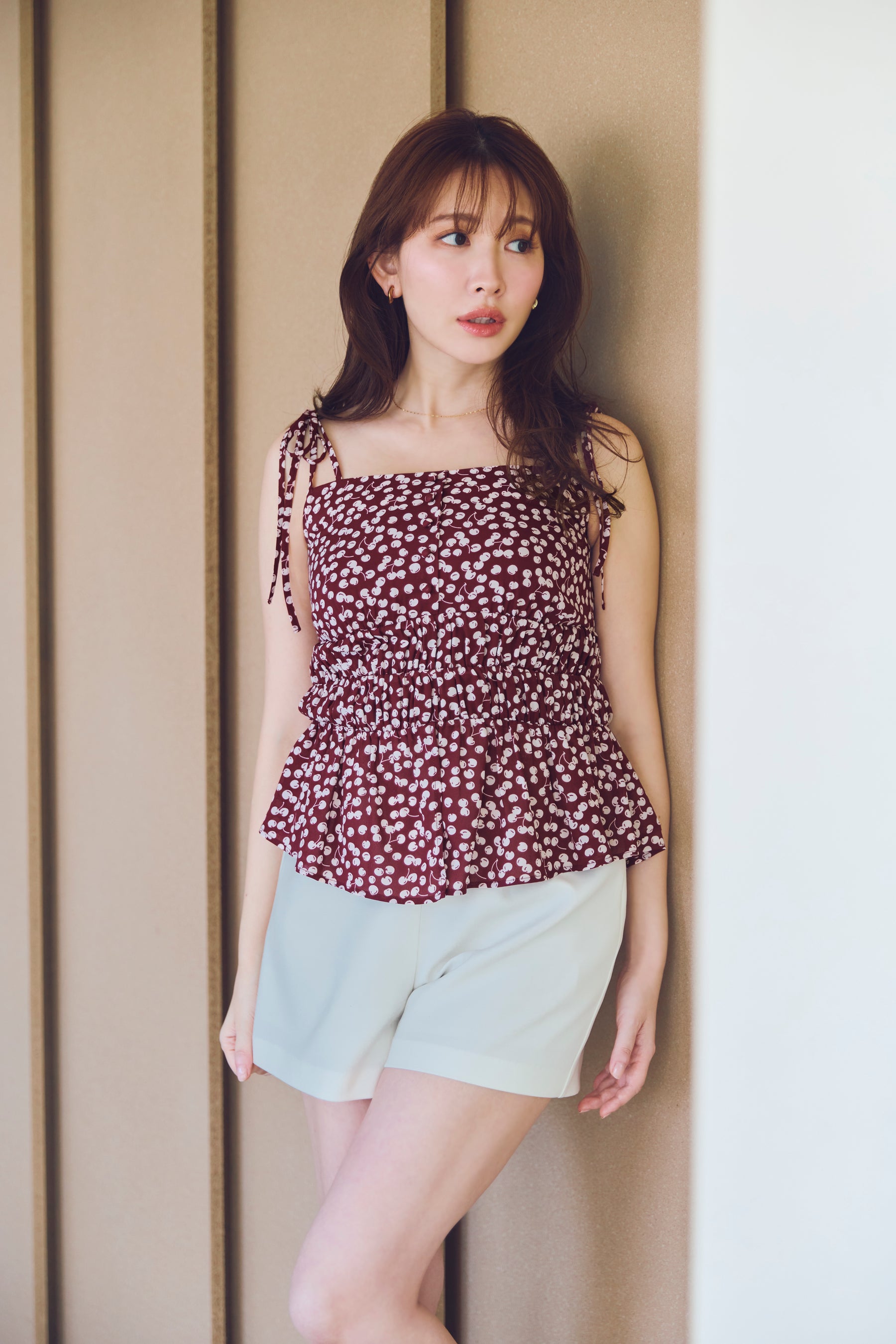 [New Color] Cherry Pattern Strap Top