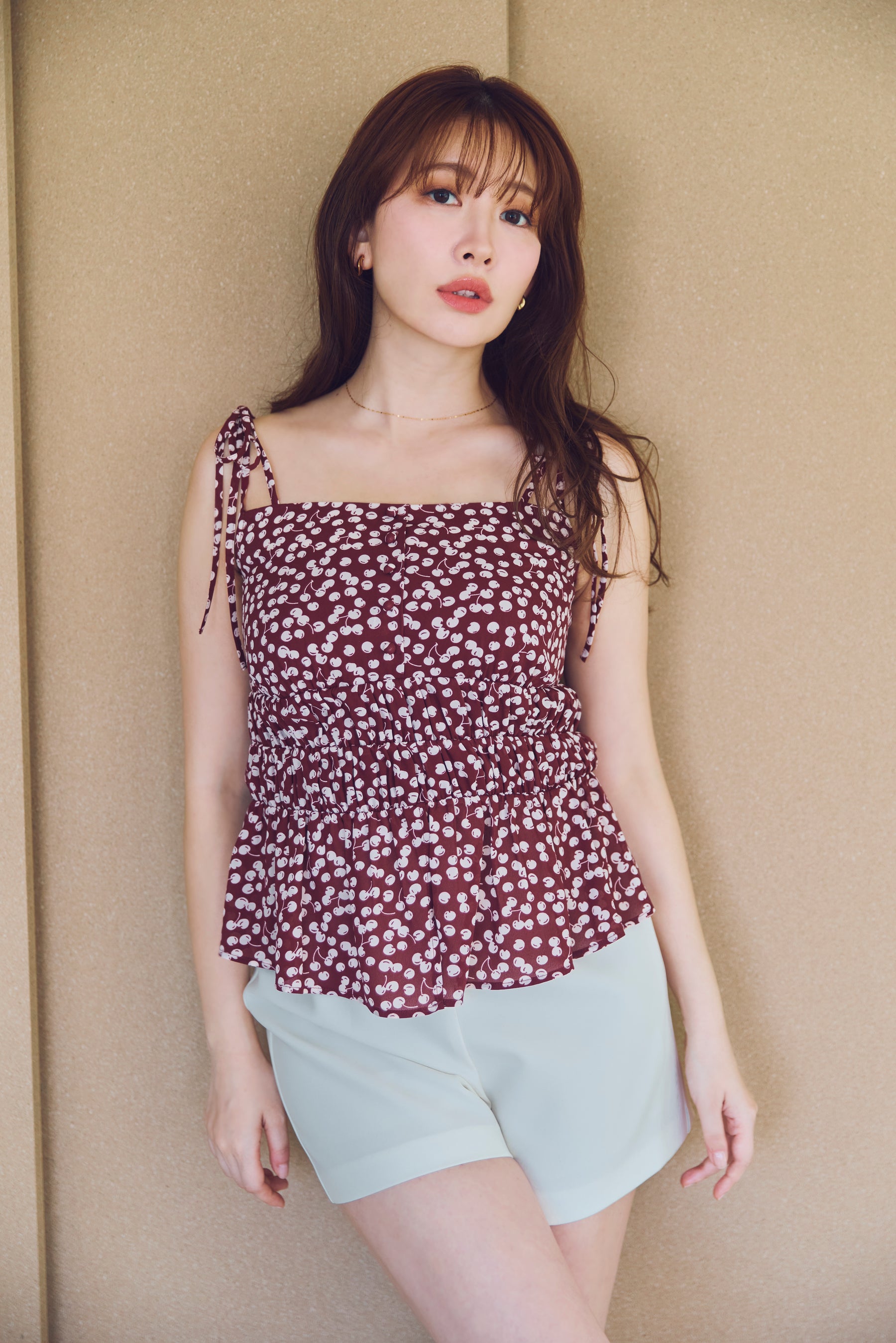 [New Color] Cherry Pattern Strap Top