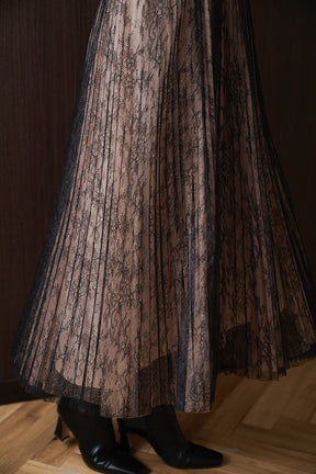 Lace-Trimmed Pleated Long Dress