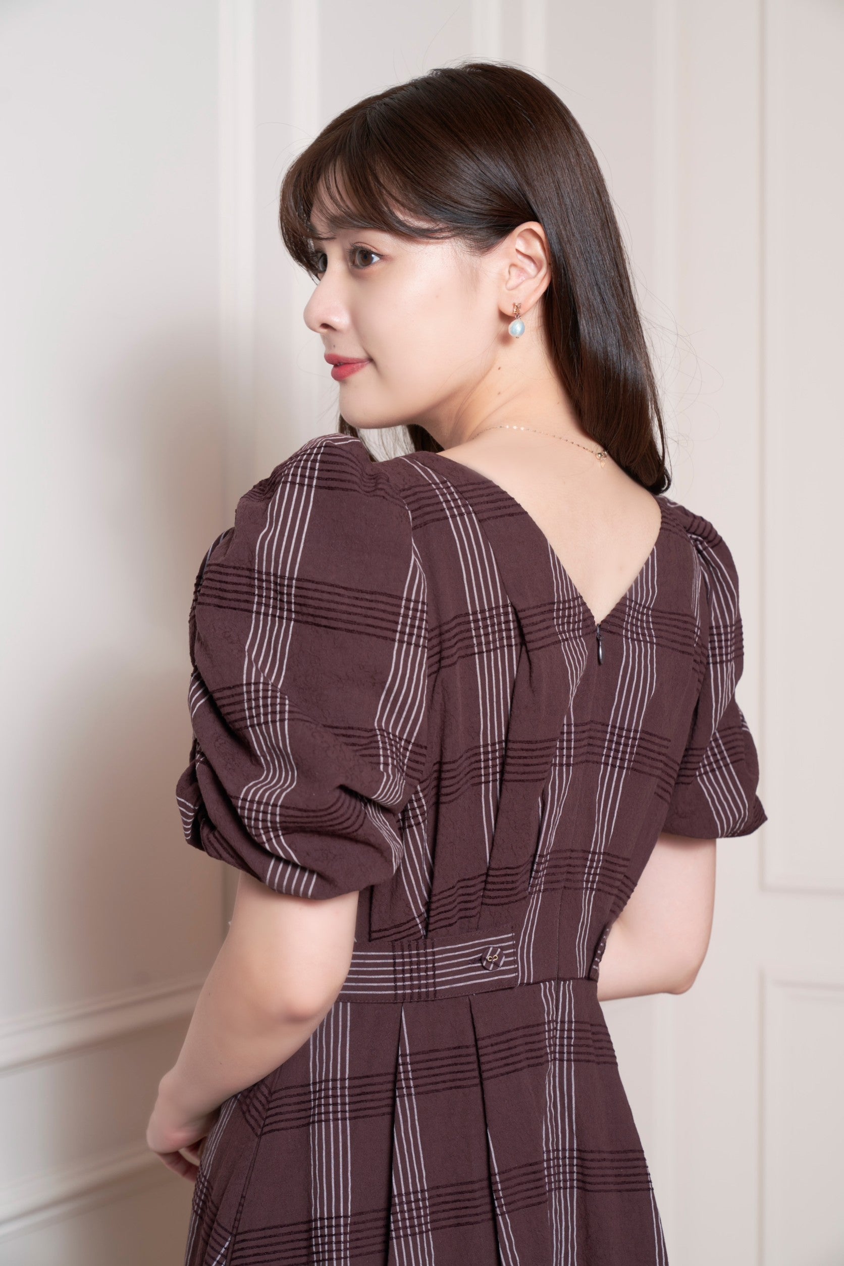 Checked Jacquard Volume Sleeve Dress - ロングワンピース