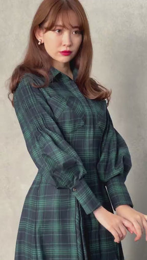 Checkered Pleats Long Shirt Dress