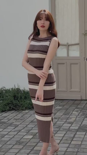 Cotton Striped Ribbed Knit Dress - ロングワンピース/マキシワンピース