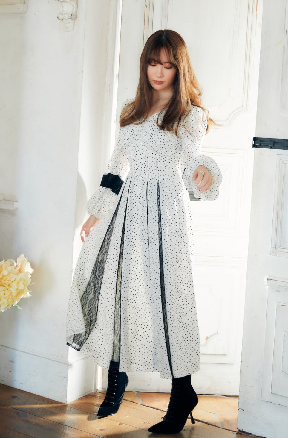 Lace-Trimmed Pin Dot Dress