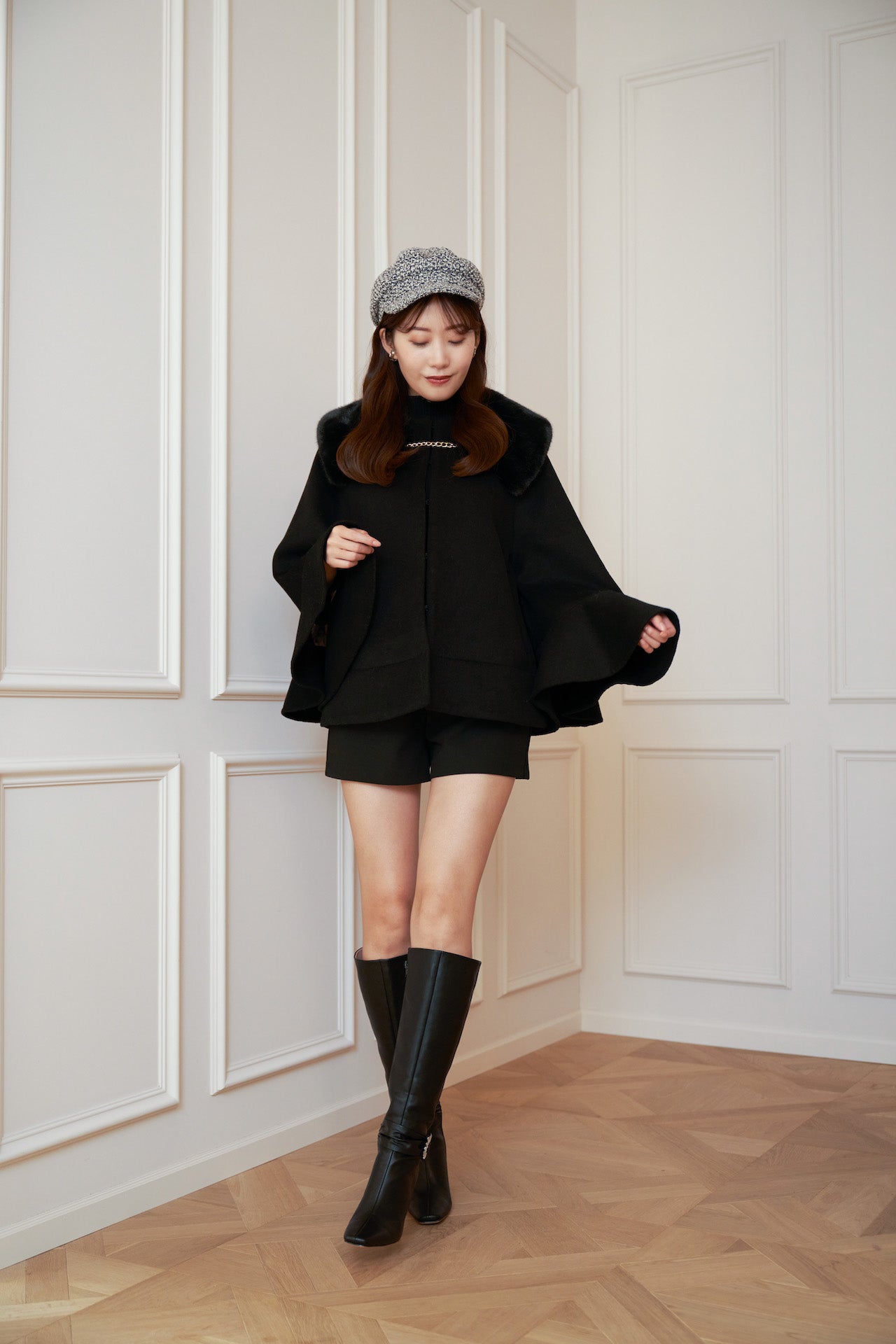 black Convertible Faux Fur Tippet Coat-