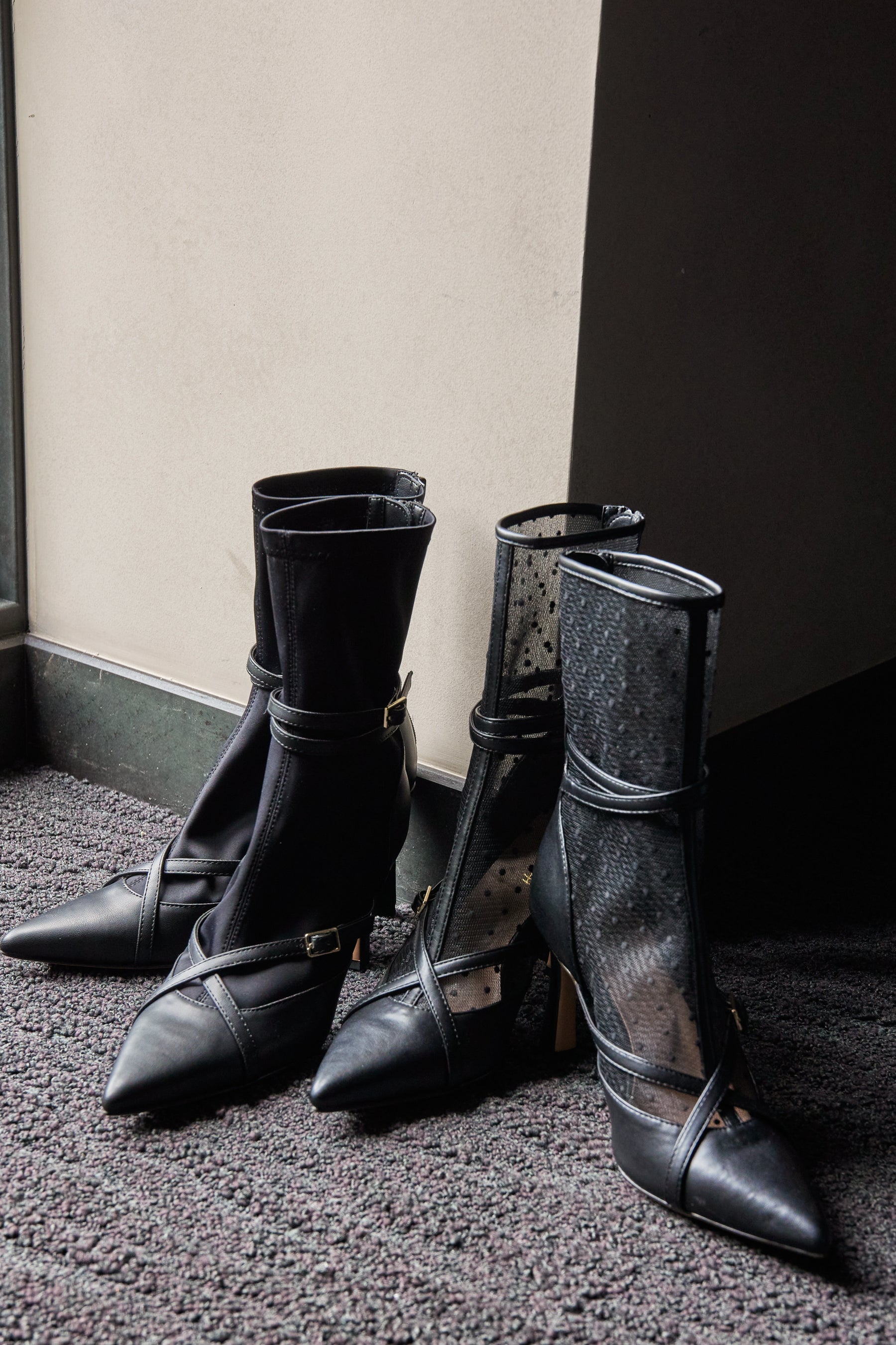 ナイロン合成皮革ハーリップトゥ Double Belt Ankle Boots ブーツ ドットS