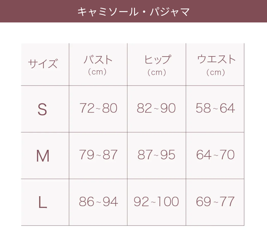 キャミソール・パジャマのサイズ表